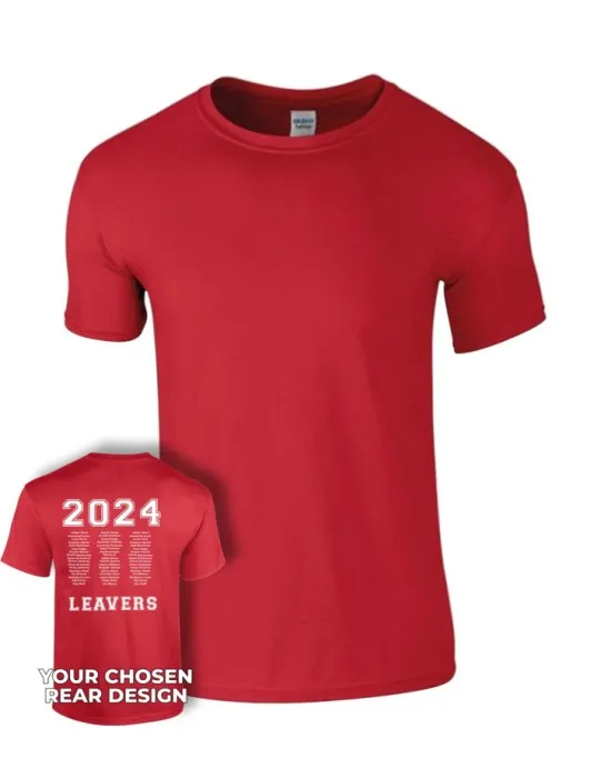 Kids Leavers T-Shirt with students names printed to rear in 3 columns & your logo embroidered to the front, "Design 1"