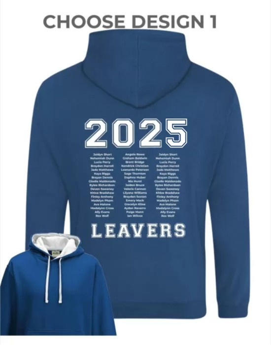 Varsity Style Leavers Hoodie with students names printed to rear in 3 columns, "Design 1"