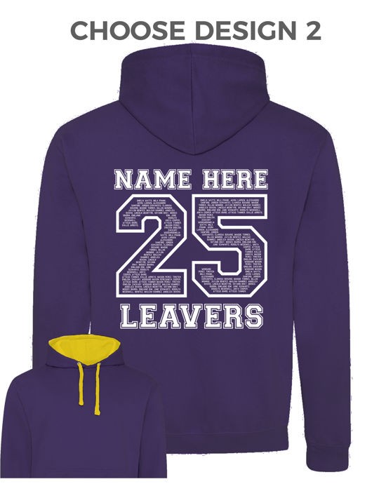 Varsity Style Leavers Hoodie with students names printed inside year number, "Design 2"