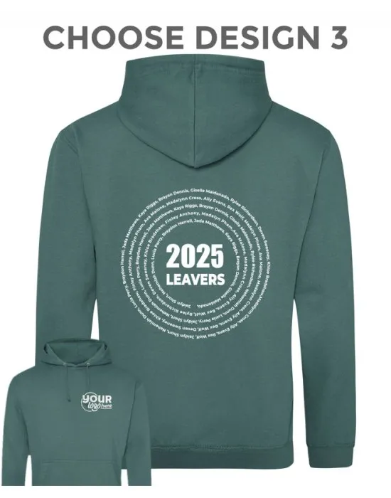 Leavers Hoodie with students names printed to rear in multiple circles & your logo embroidered to the front, "Design 3"