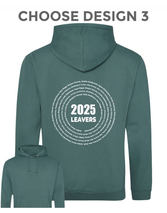 Leavers Hoodie with students names printed to rear in multiple circles, "Design 3"