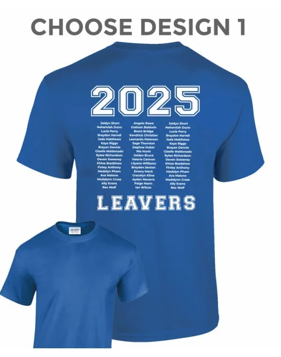 Leavers T-Shirt with students names printed to rear in 3 columns, "Design 1"
