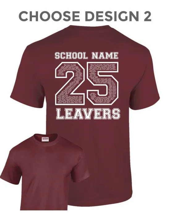 Leavers T-Shirt with students names printed to rear in the number of the year, "Design 2"