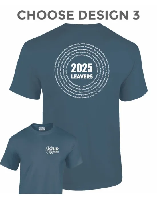 GD05B Kids Leavers T-Shirt with students names printed to rear in multiple circles & your logo embroidered to the front, "Design 3"