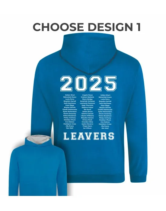 Kids Varsity Style Leavers Hoodie with students names printed to rear in 3 columns, "Design 1"