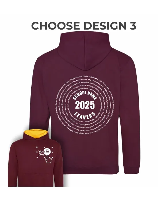 Kids Varsity Leavers Hoodie with students names printed to rear in the number of the year & your logo embroidered to the front, "Design 3"