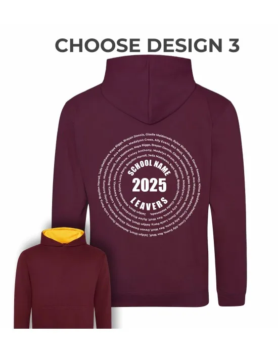 Kids Varsity Style Leavers Hoodie with students names printed in Circle "Design 3"