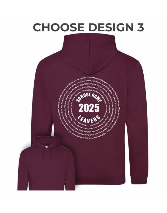 Kids Leavers Hoodie with students names printed to rear in multiple circles, "Design 3"