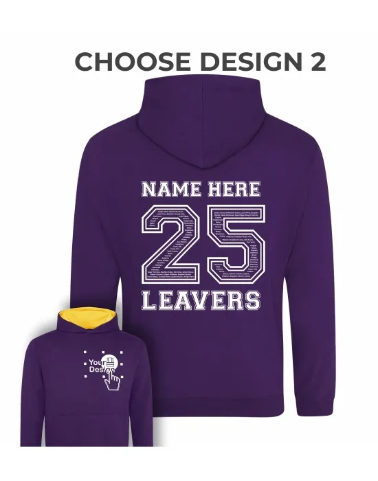 Kids Varsity Leavers Hoodie with students names printed to rear in the number of the year & your logo embroidered to the front, "Design 2"