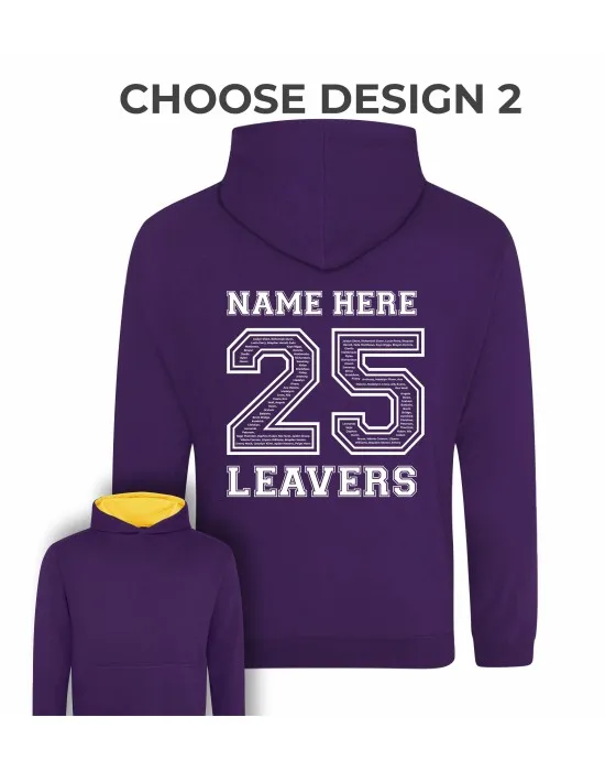 Kids Varsity Style Leavers Hoodie with students names printed inside year number, "Design 2"