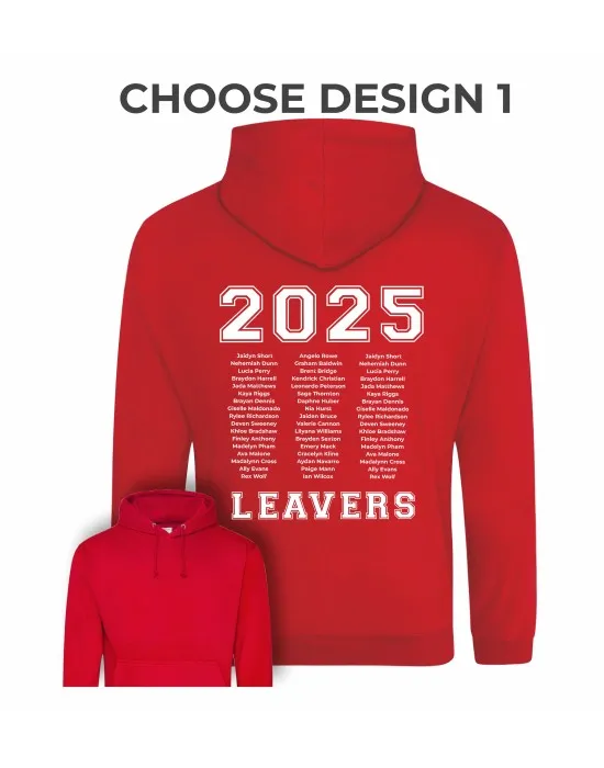 Kids Leavers Hoodie with students names printed to rear in 3 columns, "Design 1"