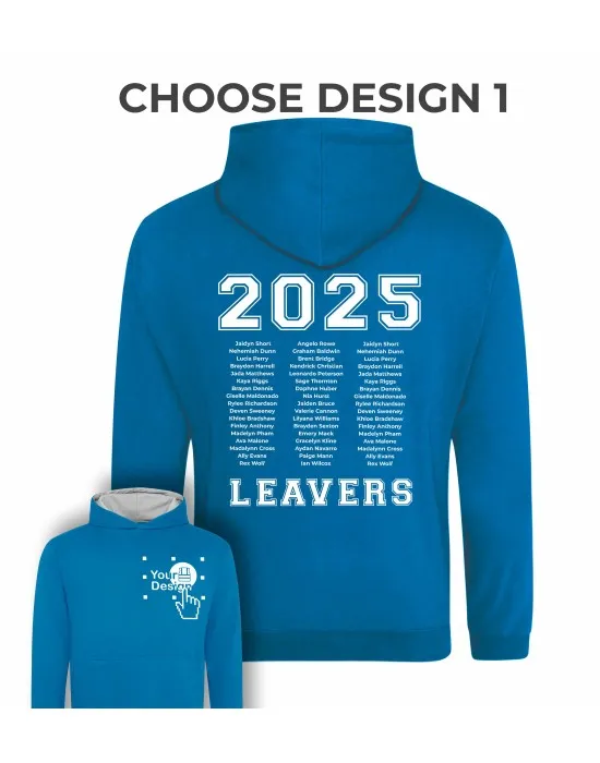 Kids Varsity Leavers Hoodie with students names printed to rear in 3 columns & your logo embroidered to the front, "Design 1"