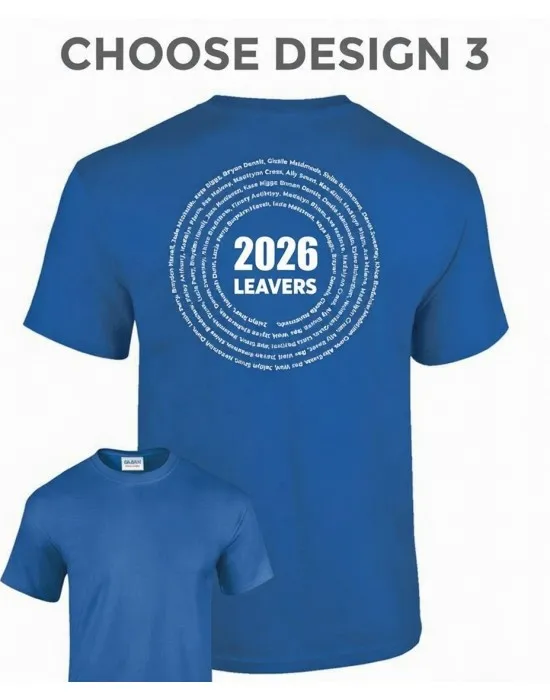 Leavers T-Shirt with students names printed to rear in multiple circles, "Design 3"
