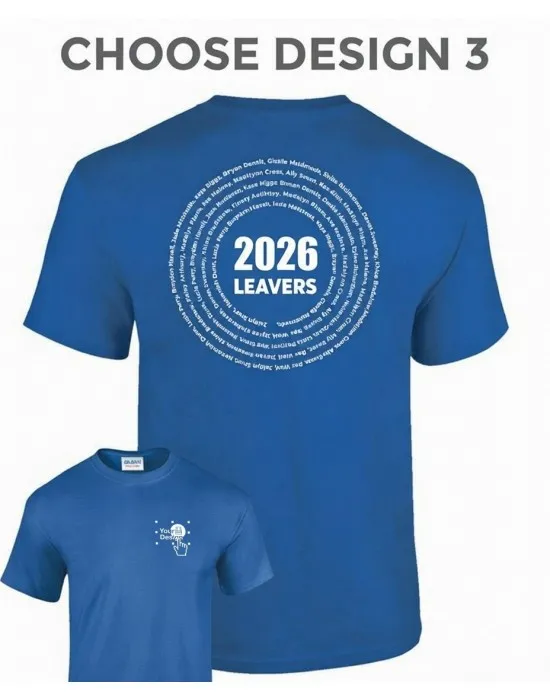 GD05B Kids Leavers T-Shirt with students names printed to rear in multiple circles & your logo embroidered to the front, "Design 3"