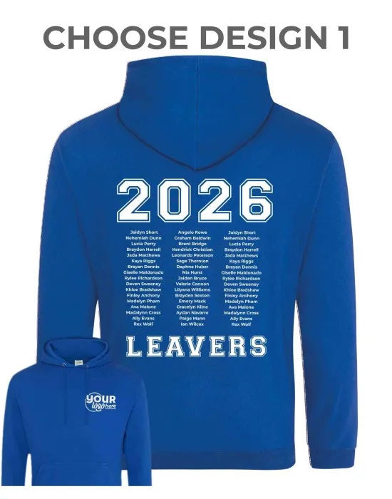 Leavers Hoodie with students names printed to rear in 3 columns & your logo embroidered to the front, "Design 1"