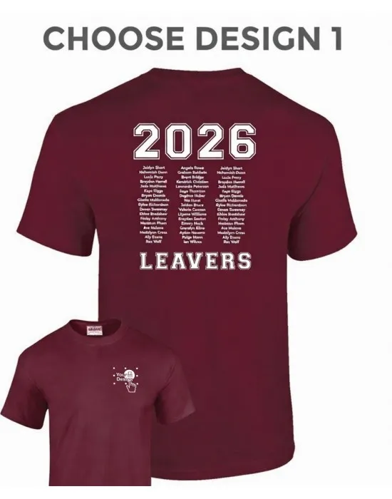 Leavers T-Shirt with students names printed to rear in 3 columns & your logo embroidered to the front, "Design 1"