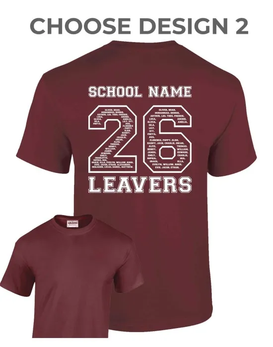 Leavers T-Shirt with students names printed to rear in the number of the year, "Design 2"