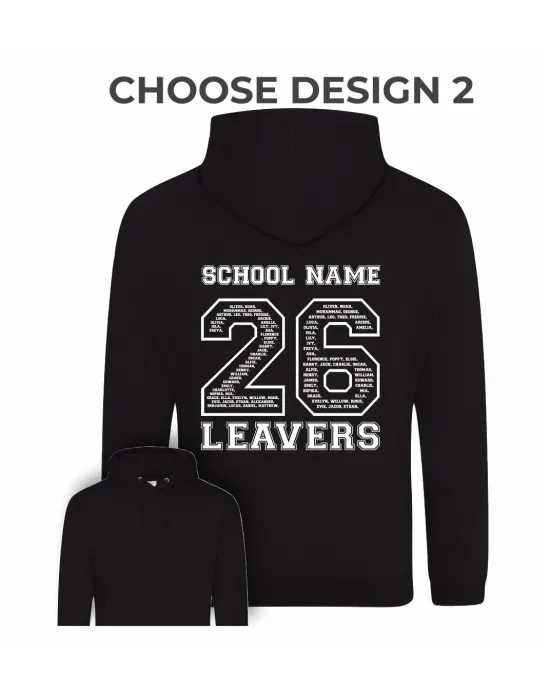 Kids Leavers Hoodie with students names printed to rear in the number of the year, "Design 2"