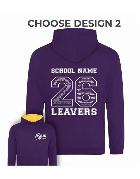 Varsity Leavers Hoodie with students names printed to rear in the number of the year & your logo embroidered to the front, "Design 2"