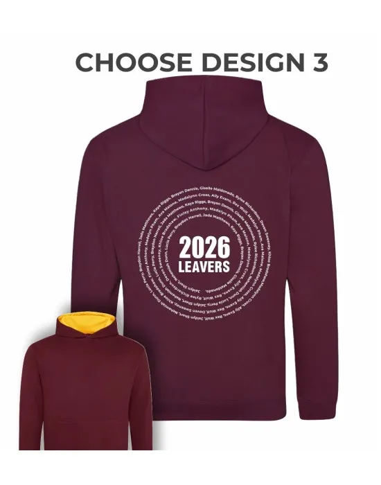 Kids Varsity Style Leavers Hoodie with students names printed in Circle "Design 3"
